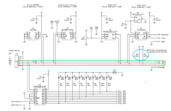 Schemat demonstracyjnej płytki drukowanej firmy Microchip Technology (kliknij, aby powiększyć)