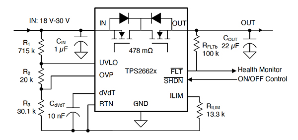 Schemat bezpiecznika elektronicznego TPS26620 firmy Texas Instruments