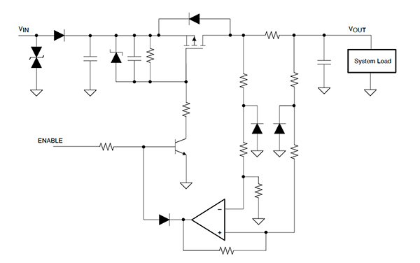Schemat bezpiecznika elektronicznego firmy Texas Instruments z podstawowymi funkcjami wykorzystujący komponenty dyskretne