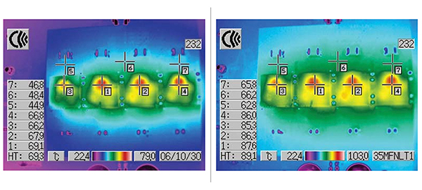 Ilustracja przedstawiająca przepływ powietrza o wartości 200LFM, znacząco obniżający temperaturę modułów i płytki drukowanej (kliknij, aby powiększyć)