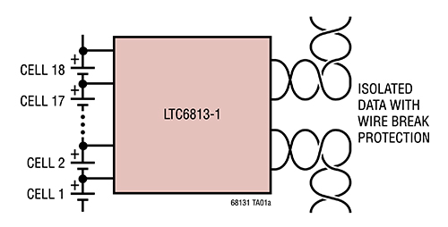 Schemat układu scalonego LTC6813-1 firmy Analog Devices obsługującego największą liczbę ogniw (18)