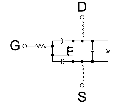 Diagram tranzystora MOSFET ukazujący pojemność i indukcyjność pasożytniczą