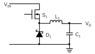 Schemat topologii asynchronicznej przetwornicy obniżającej