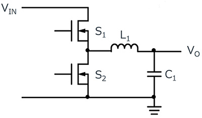 Diagram topologii synchronicznej przetwornicy obniżającej