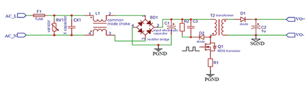 Diagram przedstawiający zasilacz impulsowy typu flyback firmy Mornsun (kliknij, aby powiększyć)