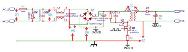 Diagram przedstawiający schemat Mornsun flyback ze wskazaniem bezpiecznych odległości (kliknij aby powiększyć)