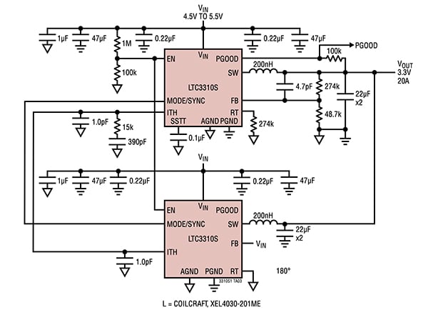 Diagram przedstawiający dwa lub więcej urządzeń LTC3310 firmy Analog Devices