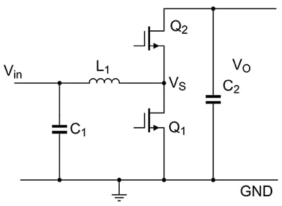 Diagram przedstawiający schemat półmostkowej przetwornicy podwyższającej