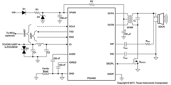 Diagram przedstawiający moduł ewaluacyjny PGA460PSM-EVM firmy Texas Instruments (kliknij, aby powiększyć)
