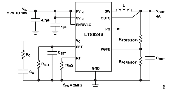 Diagram przedstawiający regulator LT8625S firmy Analog Devices wymagający zaledwie kilku standardowych komponentów zewnętrznych
