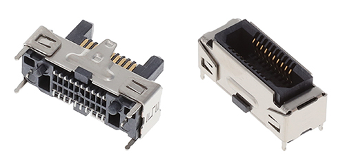 Ilustracja przedstawiająca 20-pozycyjną listwę ERM8 firmy Samtec (po lewej) i odpowiadające jej gniazdo ERF8 (po prawej)